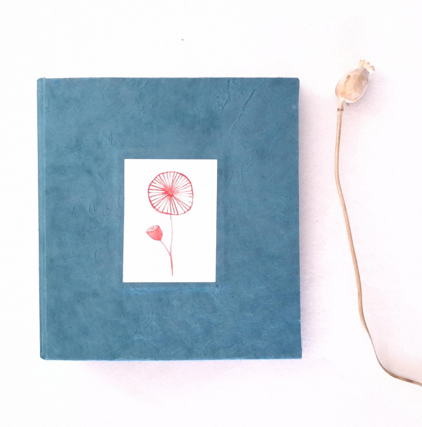 Mini album fotografico con acquarello originale di Papavero in blu, oro e rosso