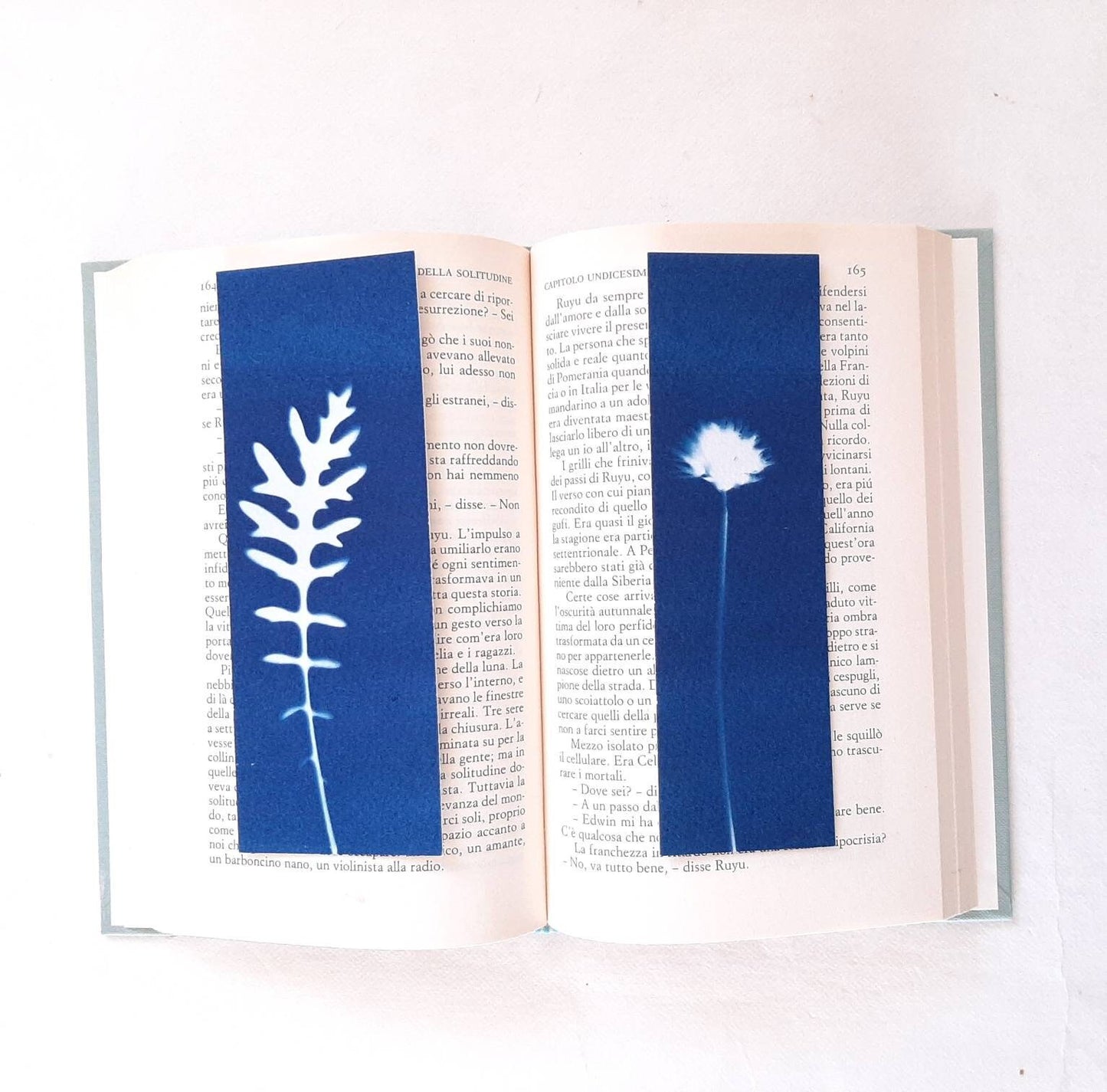 Set di quattro segnalibri con stampa botanica a Cianotipo