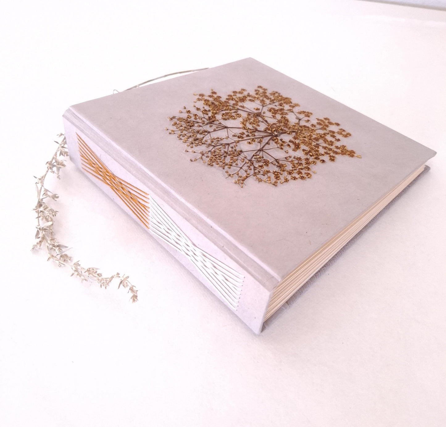 Album fotografico quadrato in malva e miele con fiore di Sambuco pressato