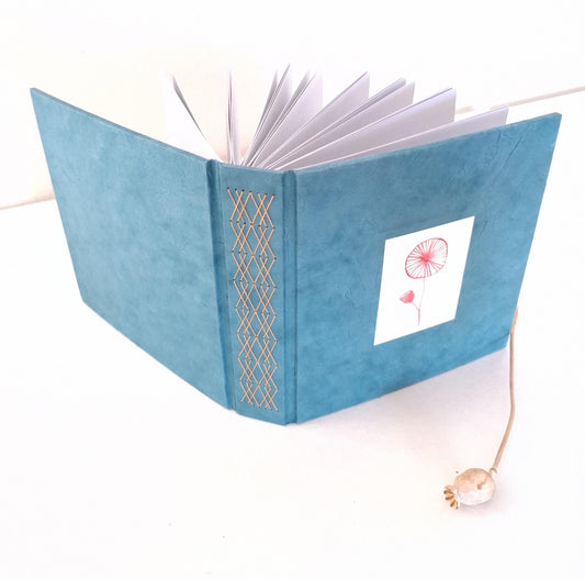 Mini album fotografico con acquarello originale di Papavero in blu, oro e rosso