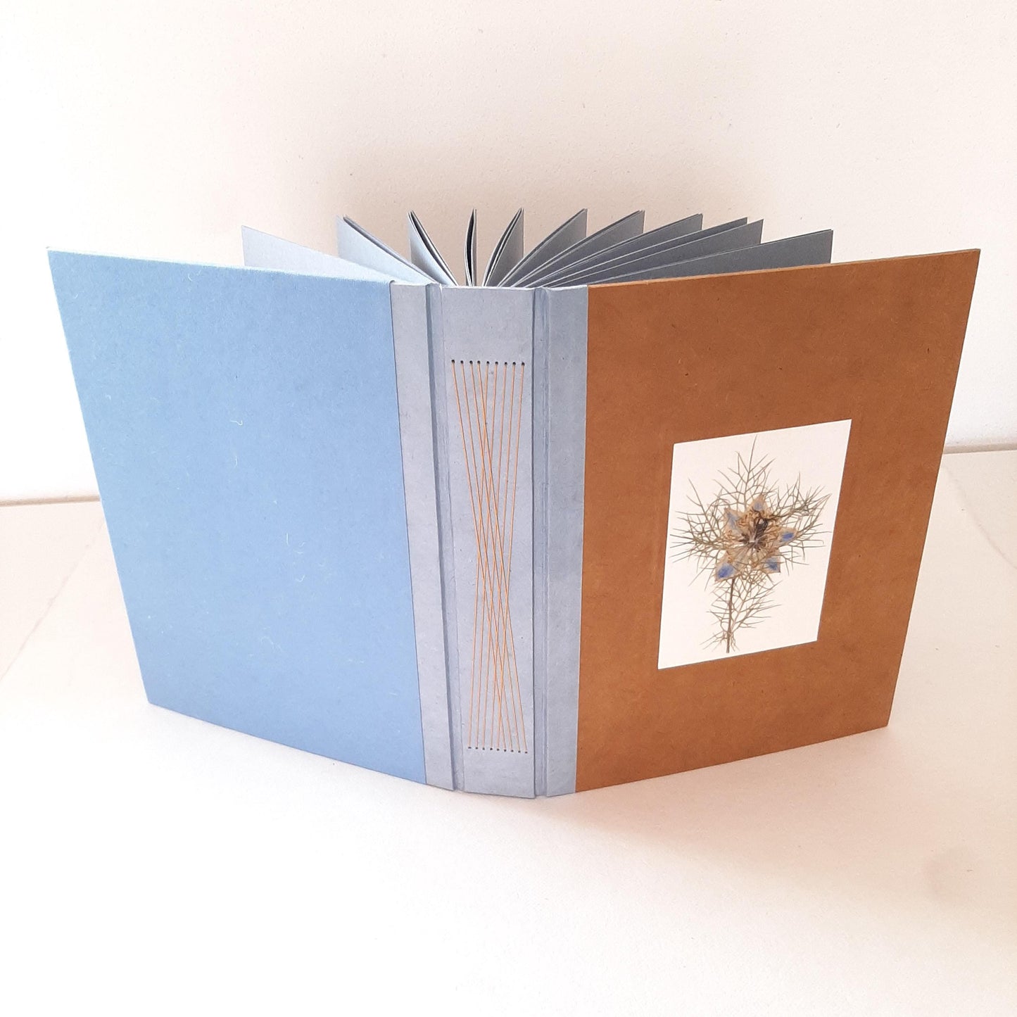 Album fotografico grande con fiore pressato di Nigella in ocra e azzurro pervinca