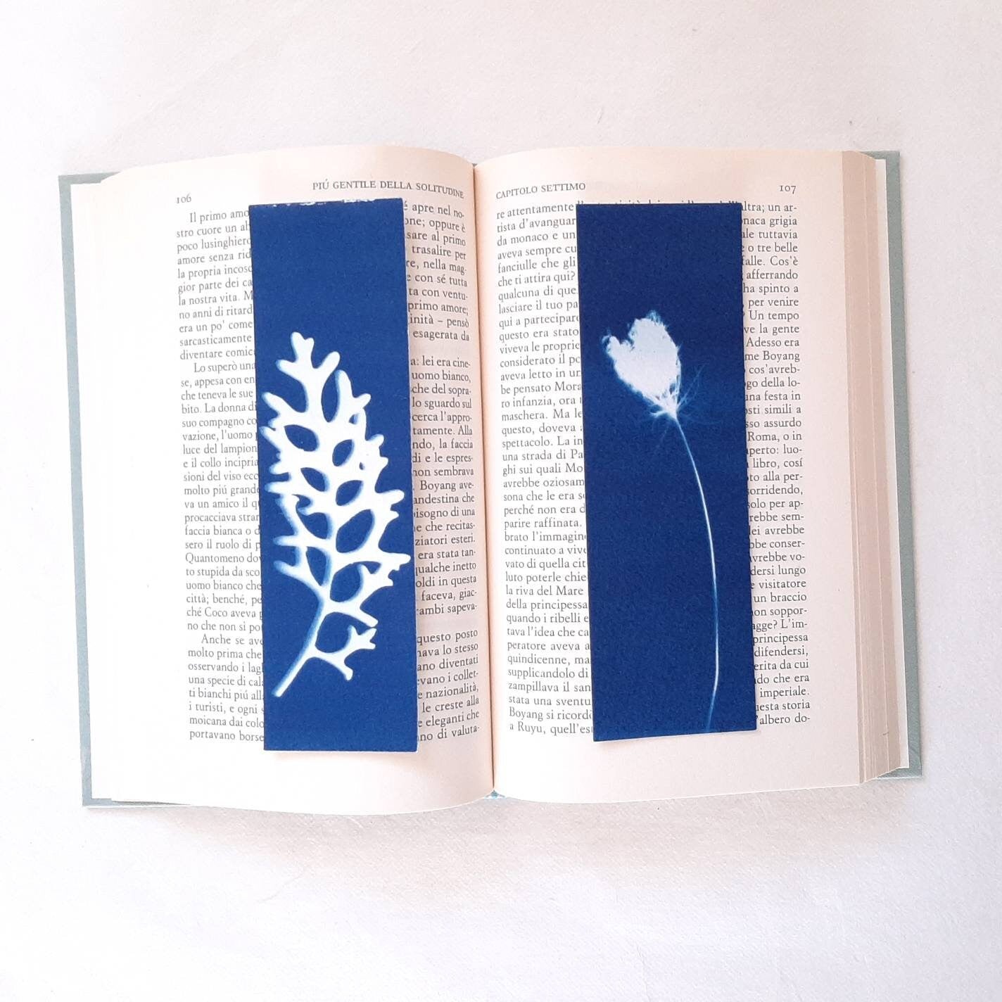 Set di quattro segnalibri con stampa botanica a Cianotipo