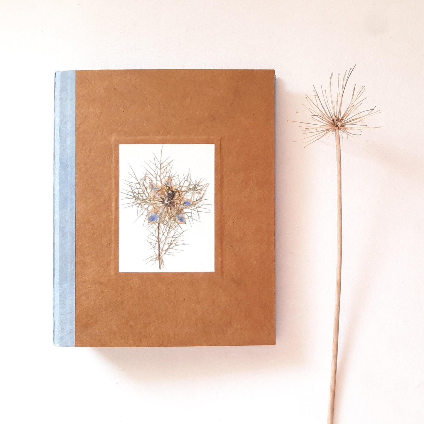 Album fotografico grande con fiore pressato di Nigella in ocra e azzurro pervinca