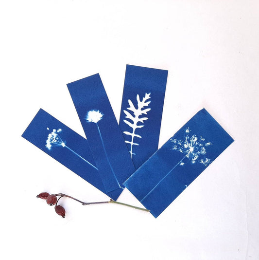 Set di quattro segnalibri con stampa botanica a Cianotipo