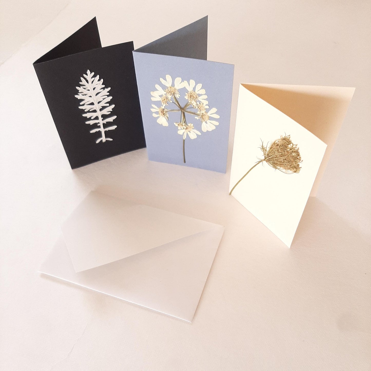 Set di biglietti di auguri con foglie e fiori veri pressati e busta Origami